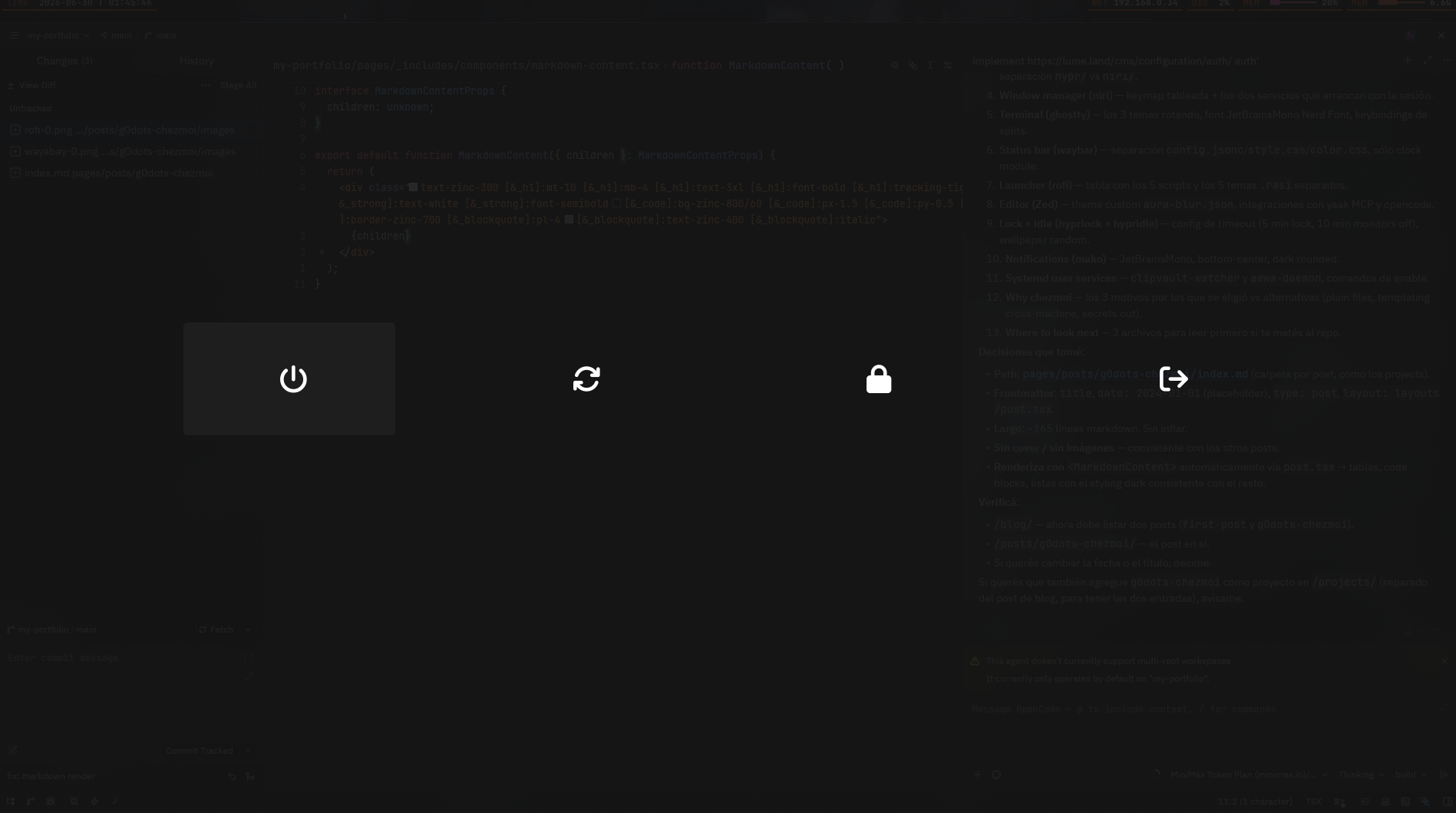 Rofi powermenu with shutdown, reboot, lock, logout options